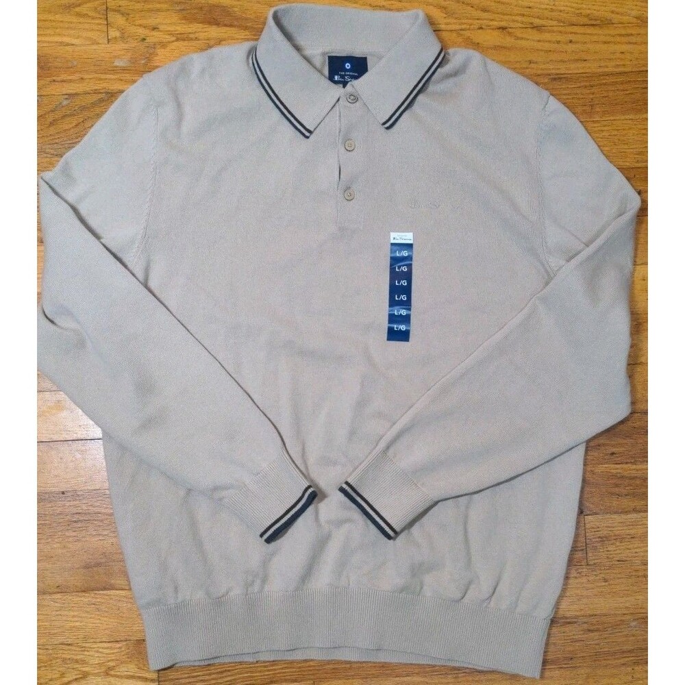 New Ben Sherman L/S Jersey Stitch Polo Shirt Spice Tan Mens Size L Recycled NWT